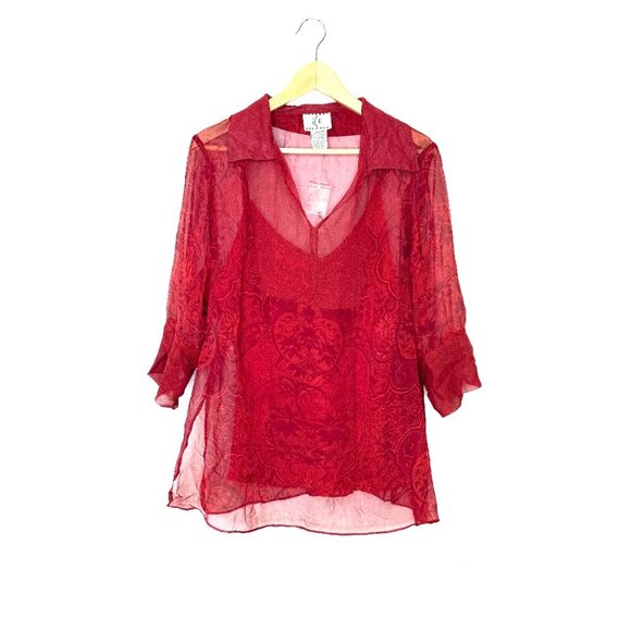 Vintage Ice Red Silk Sheer Blouse 2Piece Layered Camisole 1X Whimsigoth Romantic - Picture 14 of 14